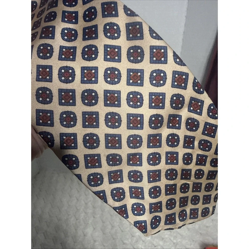 CHRISTIAN DIOR Khaki NAVY BLUE Red GEOMETRIC PATTERN SILK NECK TIE 42
